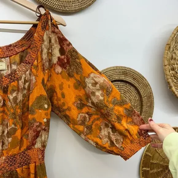 Anthropologie Moulinette Soeurs Beautiful Orange Silk Cold Shoulder Midi Dress 0 - Picture 5 of 8